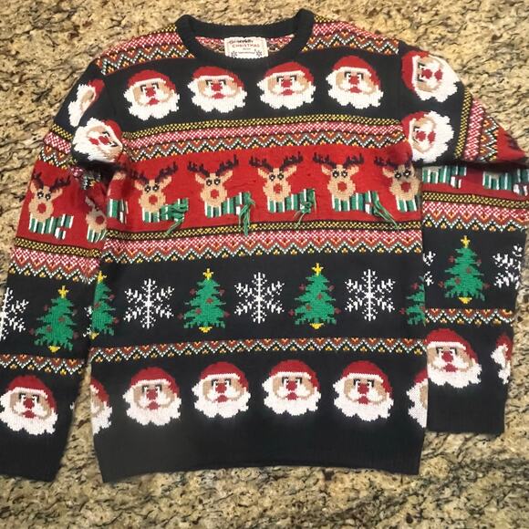Daisy Boutique Men XL Merry Christmas Tree Santa and Rudolph Sweater Long Sleeve - Picture 2 of 7